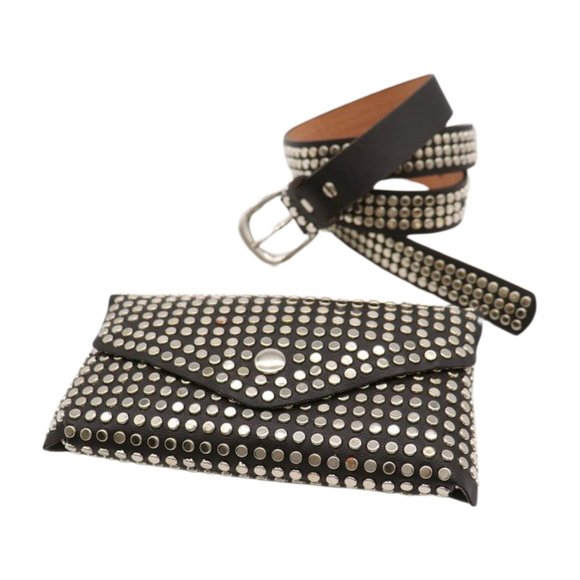 Women Black Faux Leather Skinny Belt + Wallet Bag Silver Studs Size S M z037 main image 8
